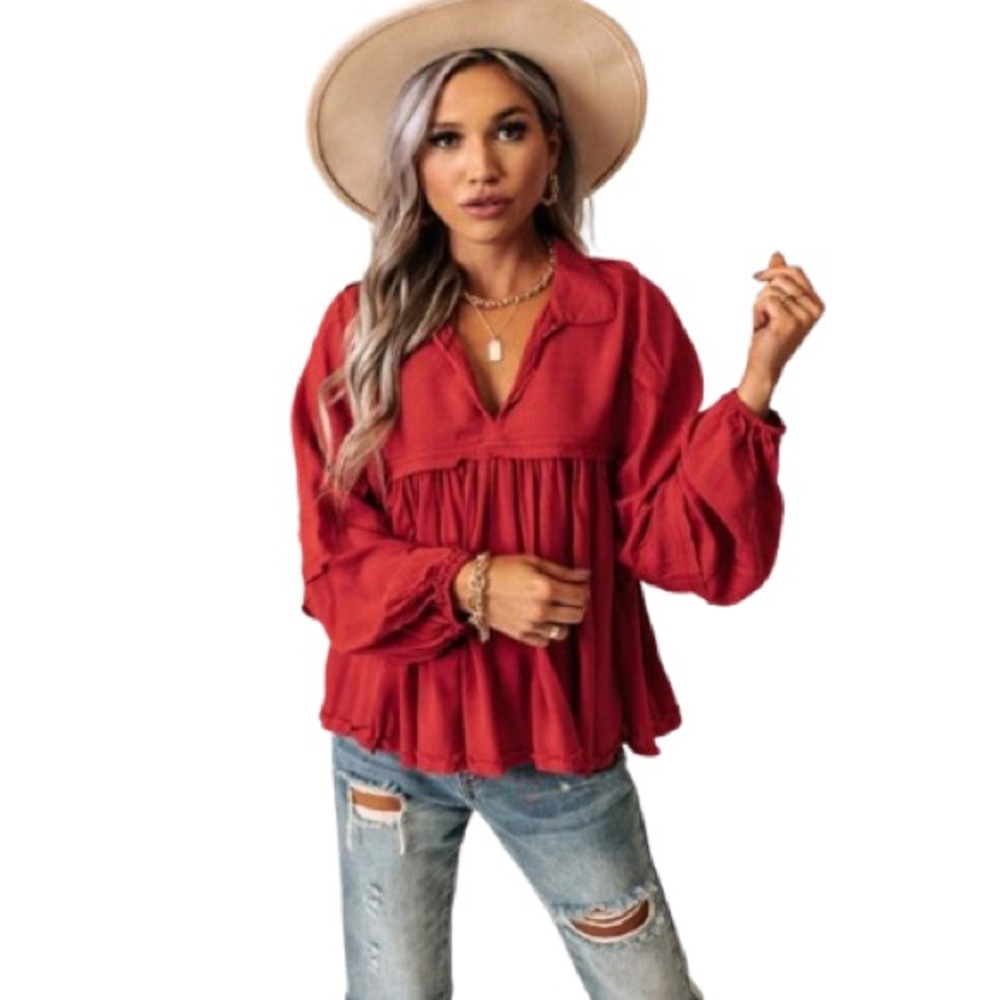 NWOT Meritt Boutique Babydoll V-Neck Shift Top Cranberry Size S